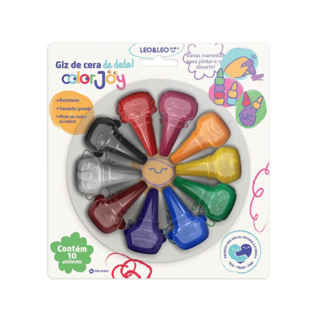 Giz de Cera Encaixa no Dedo Color Joy Com 10 Cores Leo&Leo Autismo Ansiedade/TDAH/TEA