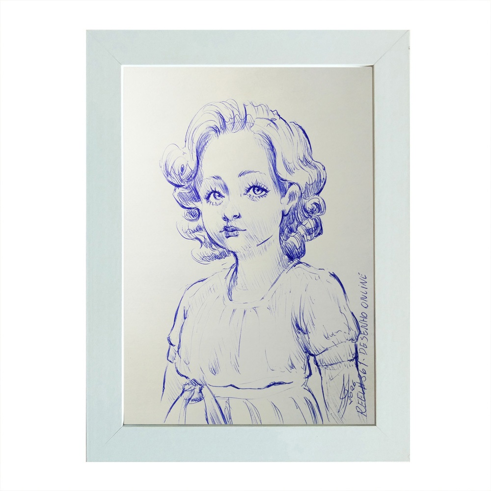 Quadro desenho original caneta azul Inocência a5 moldurado assinado arte original reel #361