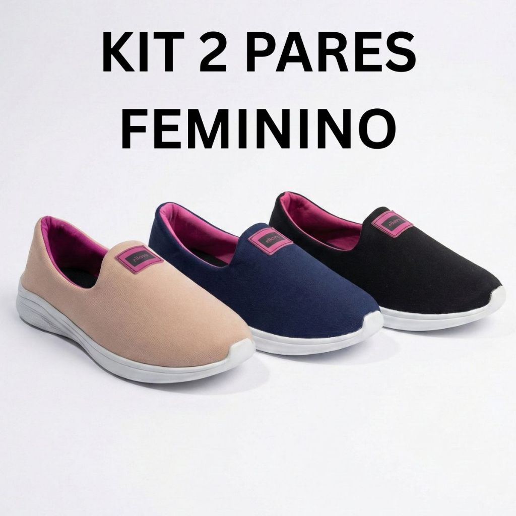 Kit 2 Pares Tênis Feminino Slip on Calce Fácil Confortável Respirável leve
