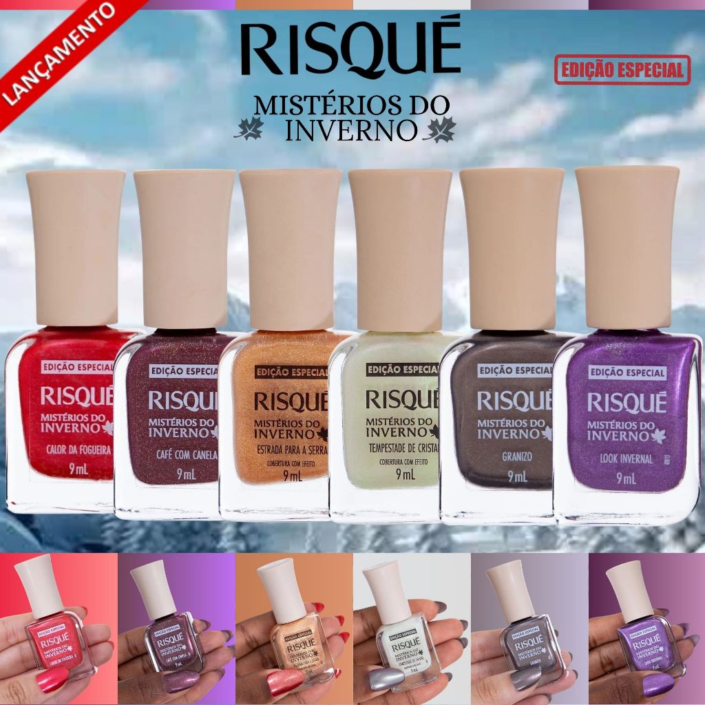 Kit Esmaltes Risqué Mistérios do Inverno Coleção Especial Lançamento 9ml 4 Esmaltes + 2 Coberturas com Efeito