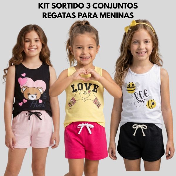 Kit 3 Conjuntos Regatas e Shorts para Meninas Sortido Verão Confortável Blogueirinha