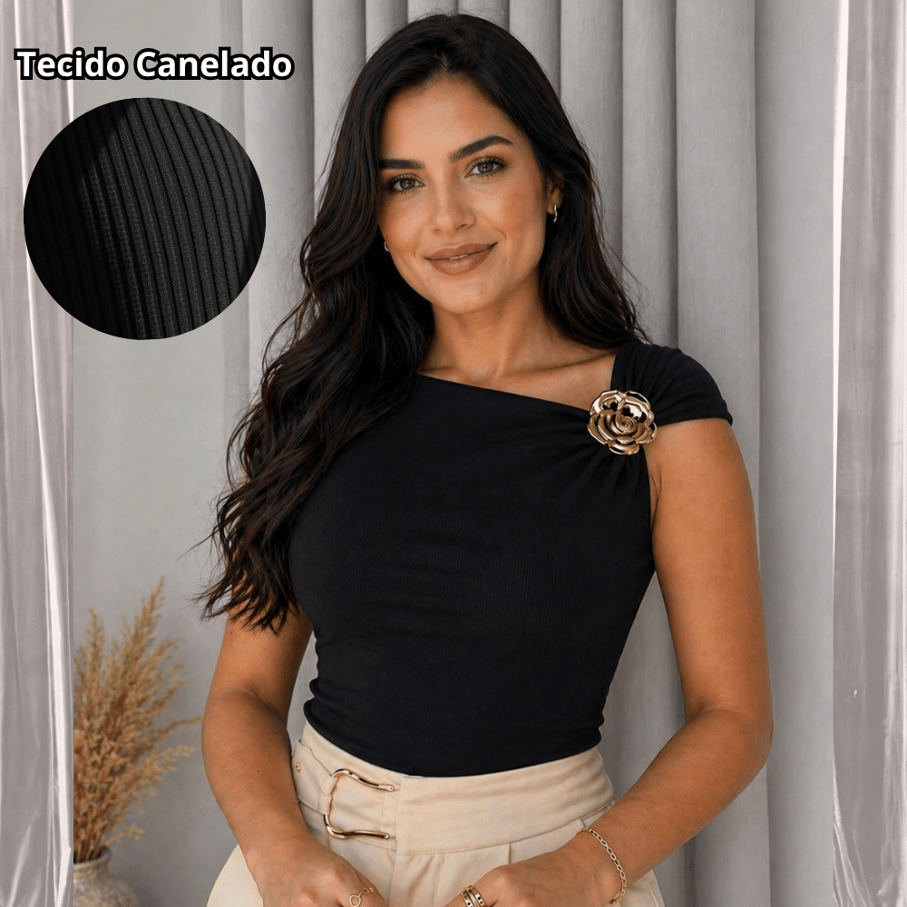 Blusa Feminina Canelada Assimétrica Elegante Casual Fivela Dourada Casual Verão