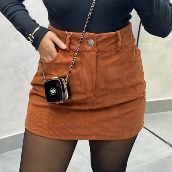 Saia Suede Feminina com Bolsos Cintura Alta Tendência 2026 Inverno promoção