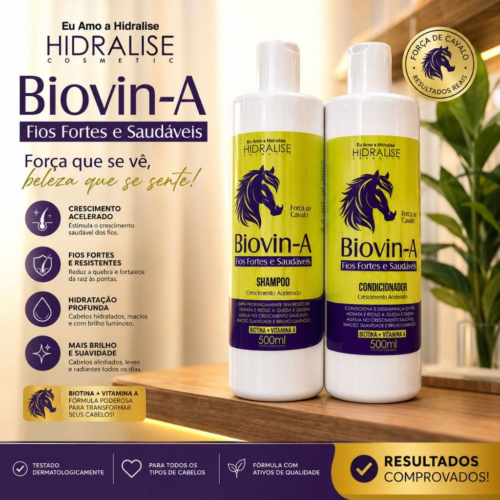 Kit Crescimento Capilar Biovin-A Shampoo e Condicionador 500ml Força de Cavalo Hidralise Cosméticos