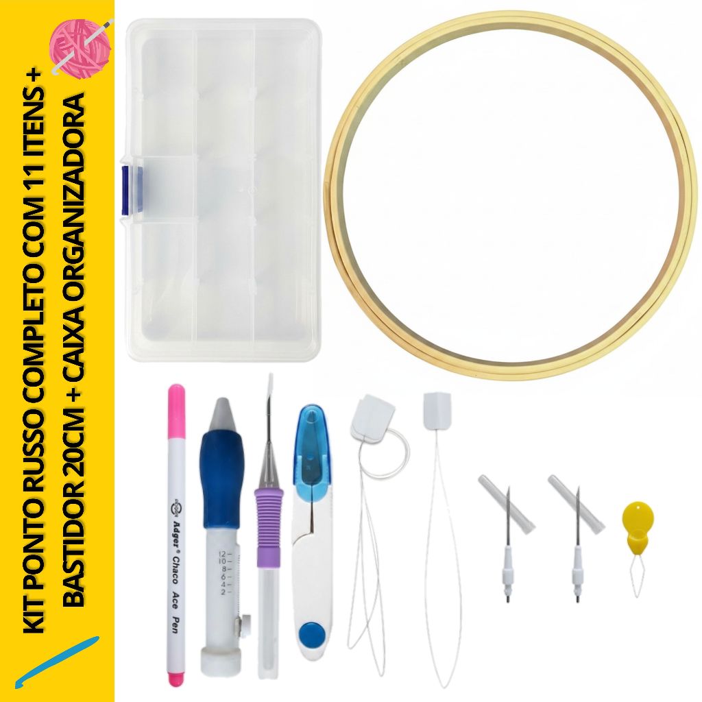 Kit Ponto Russo Completo com 11 Itens + Bastidor 20cm + Caixa Organizadora