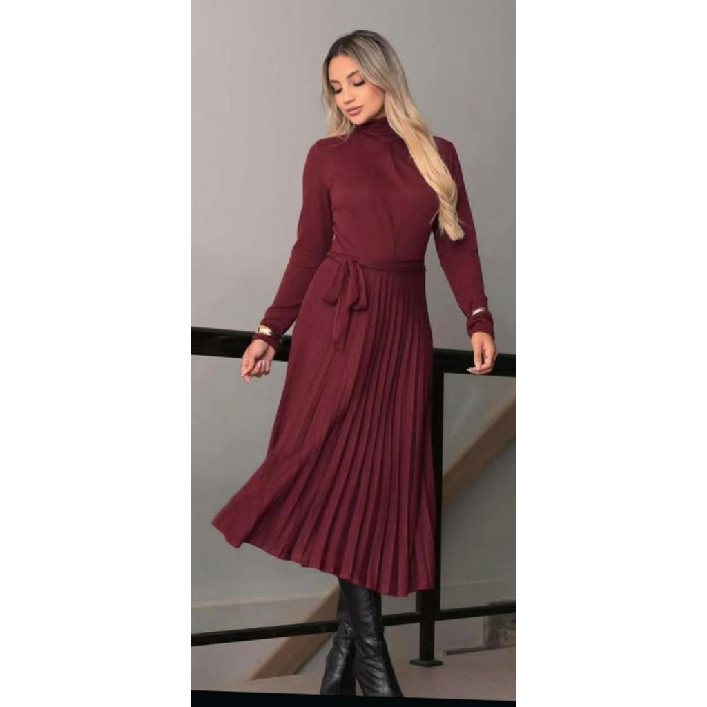 Vestido Midi Feminino lanzinha Gola Alta Saia Plissada Rodado