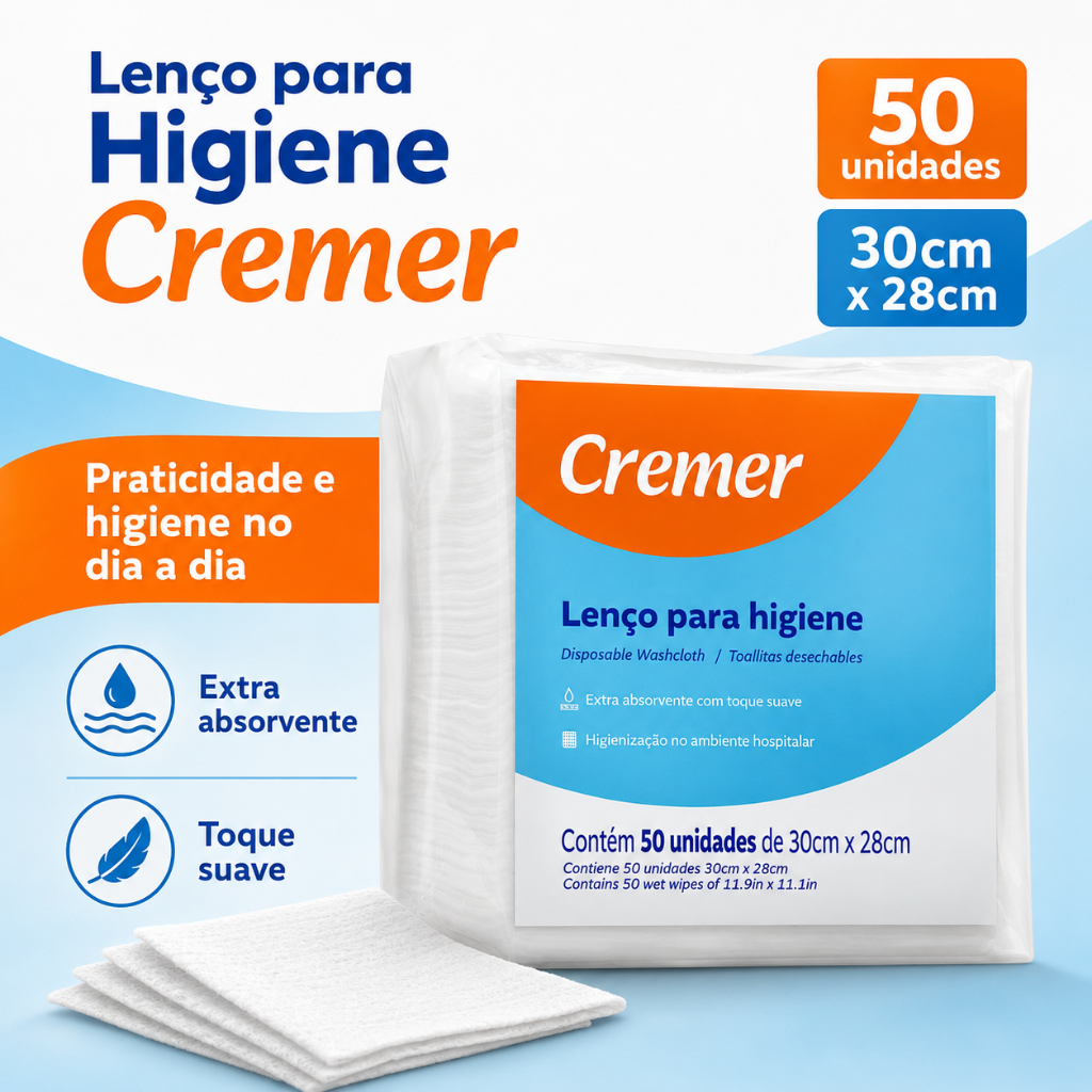 Lenço Multiuso Descartável Para Higiene Banho Crianças e Recém Nascido 30x28cm C/50 Unidades