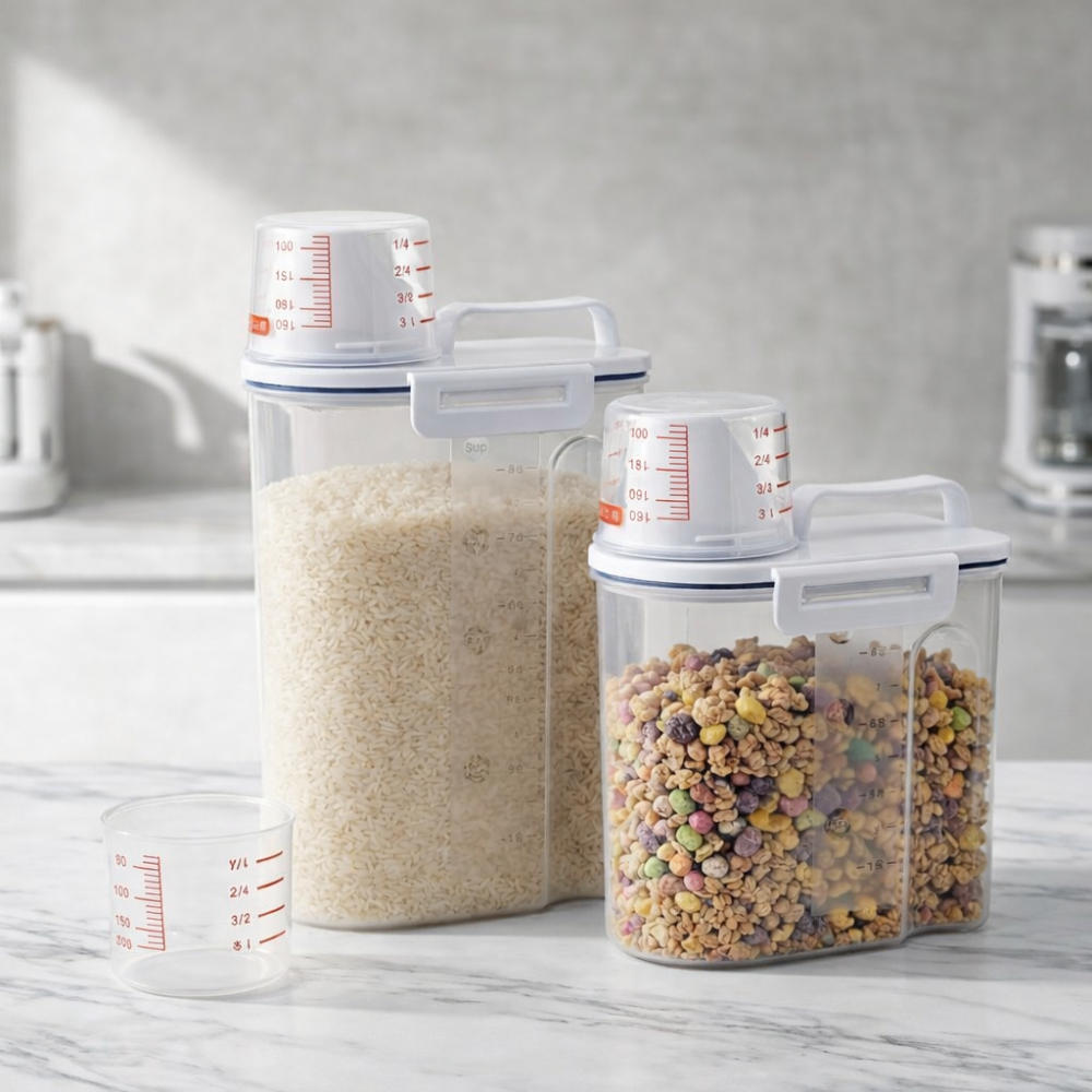 Pote plástico hermético transparente tampa dosadora alimentos grãos arroz vedação cozinha CHEF D