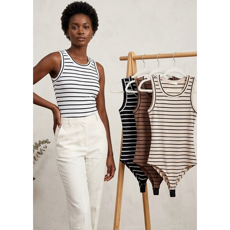Body Feminino Listrado Canelado Básico Elegante Confortável Moda 2026