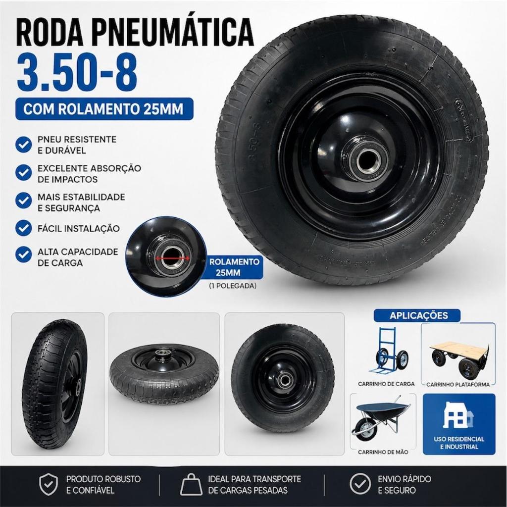 Roda Pneumática 3.50-8 Completa Rolamento 25mm Carrinho Plataforma