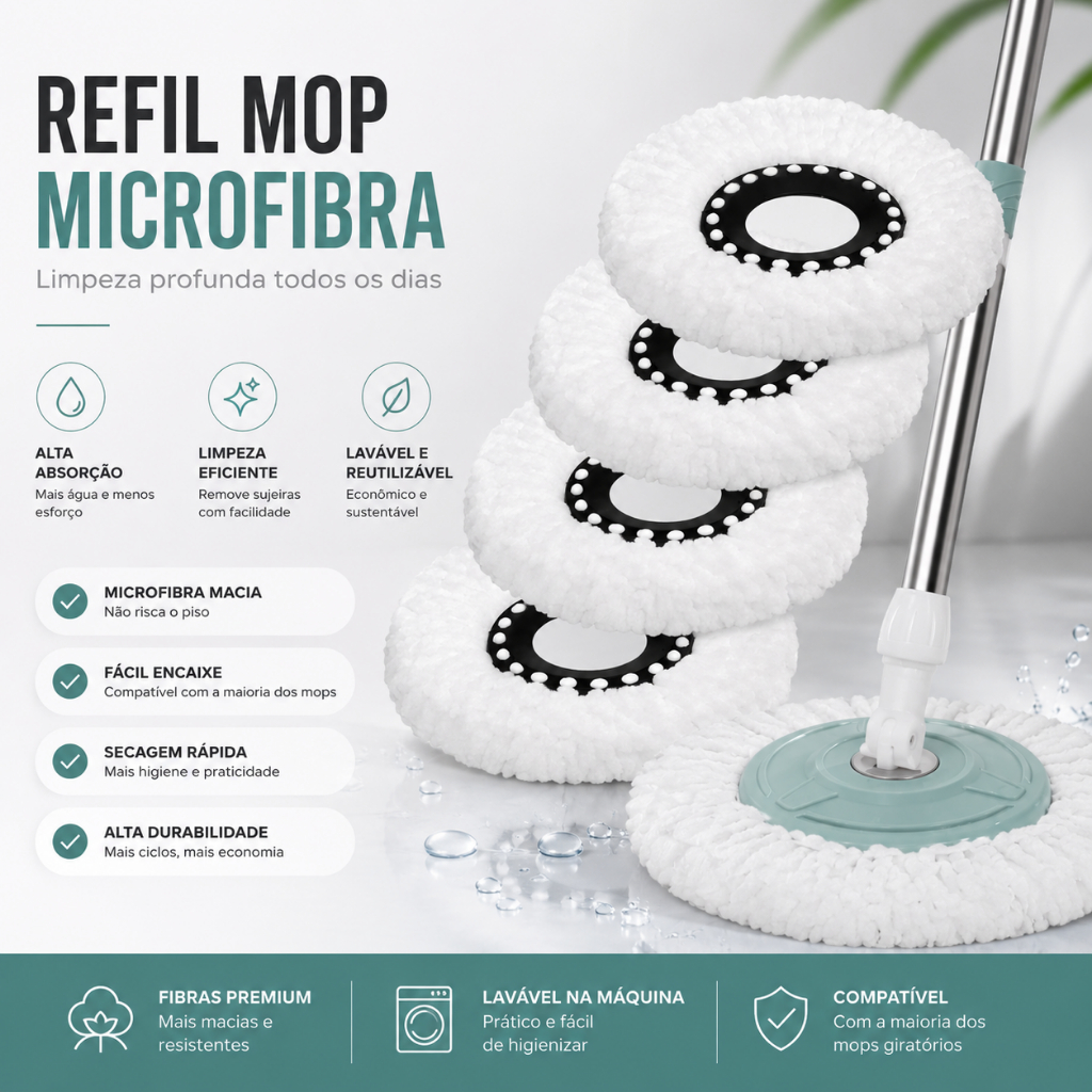 Refil Mop Giratório Microfibra  Alta Absorção 16cm Esfregão Lavável Compatível Limpeza Pesada