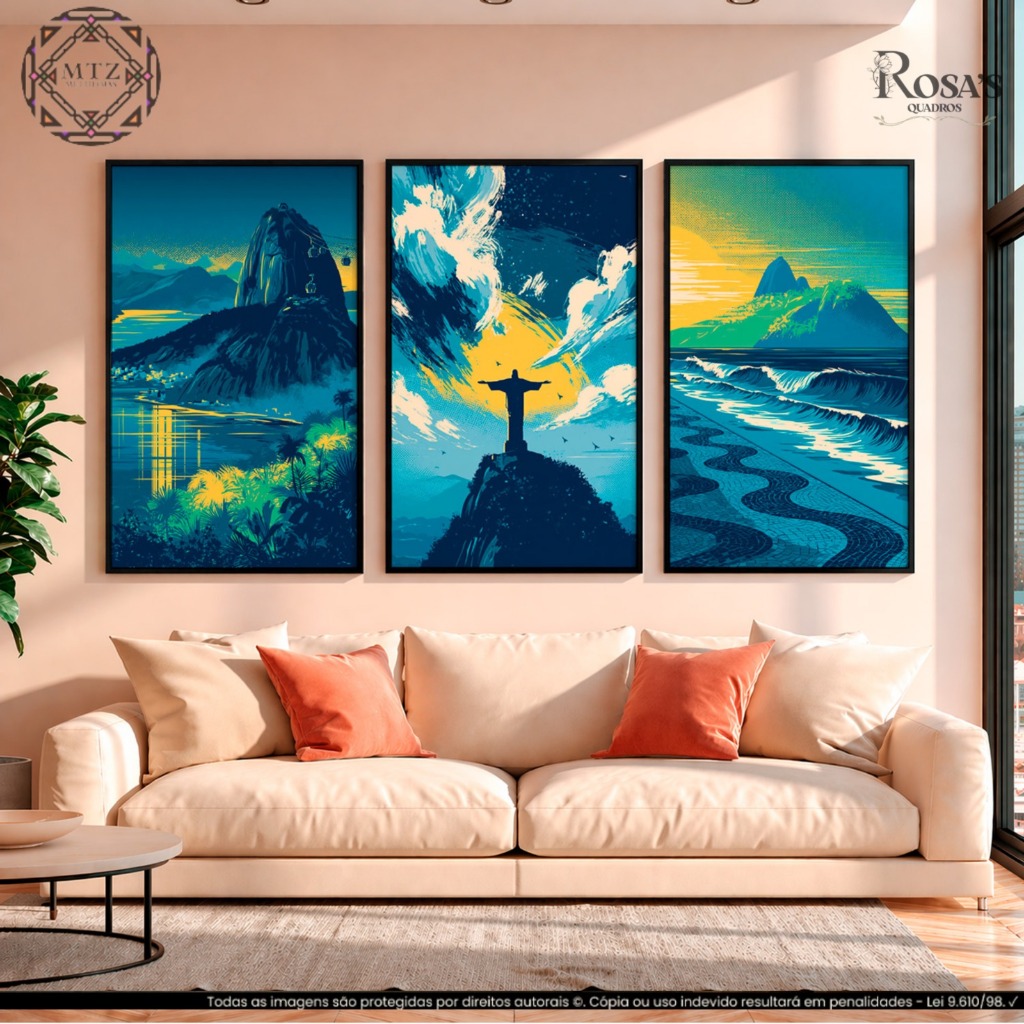 Kit 3 Quadros Decorativos Rio de Janeiro Cristo Redentor Copacabana Luxo Sala Quarto Moderno