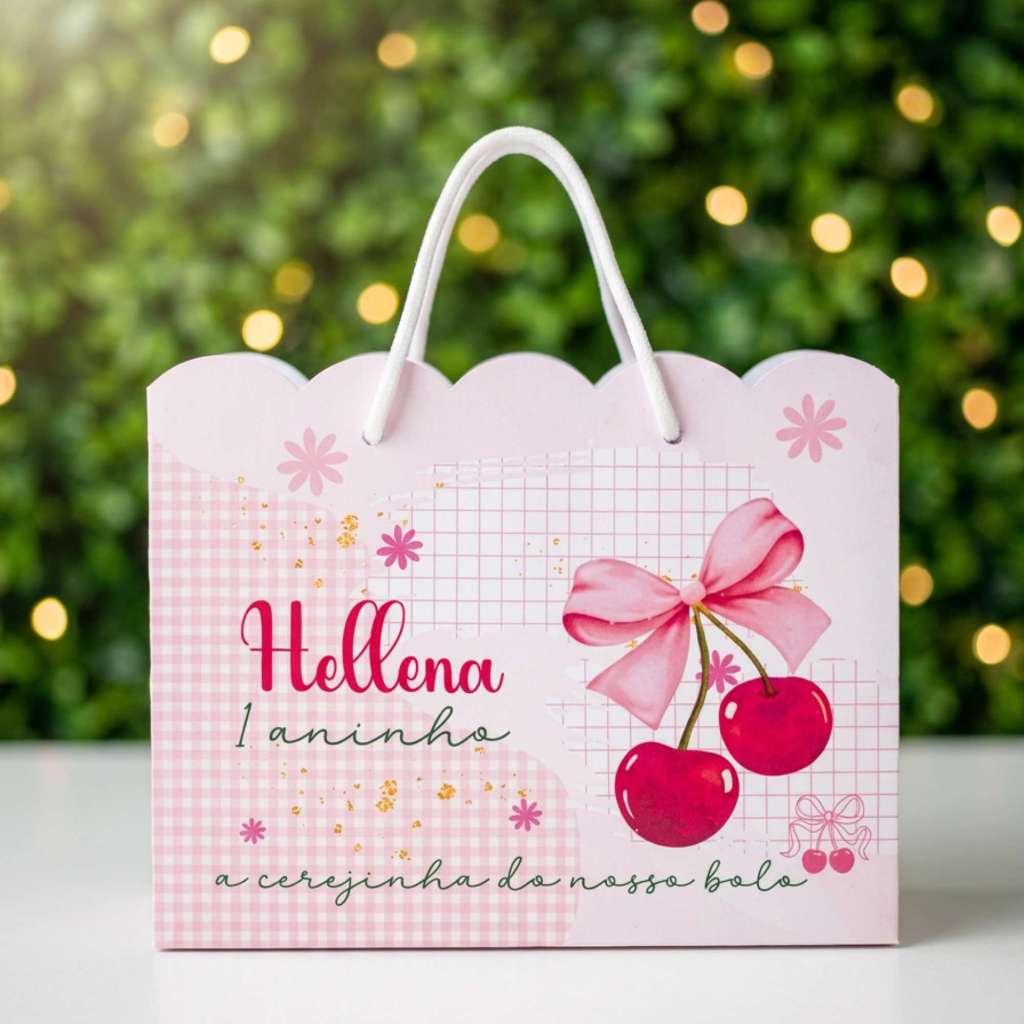 Kit Sacolinha Papelaria Personalizada Cerejinha Laço Sacola de Lembrancinha para Festa Aniversário