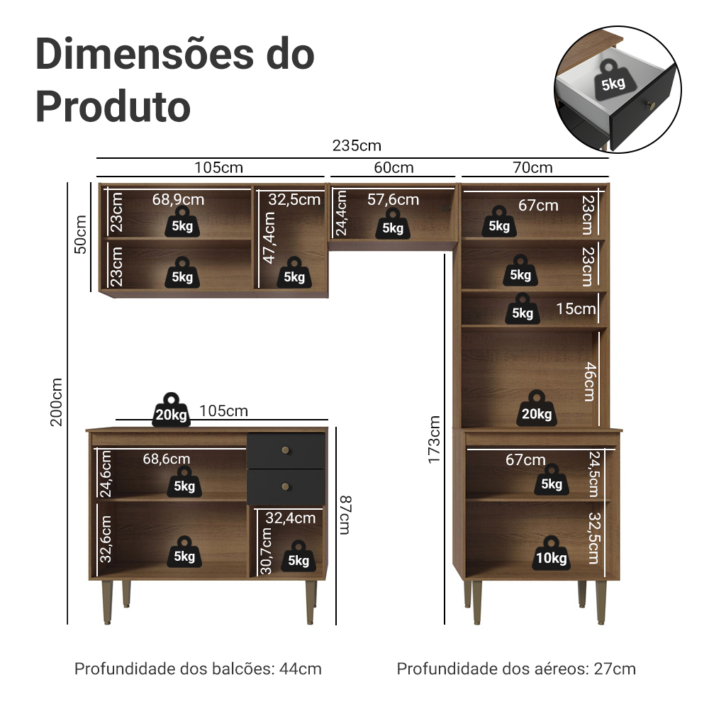 Armário de Cozinha Compacta 235cm Rustic/Preto Gourmet Madesa 01 · foto 2