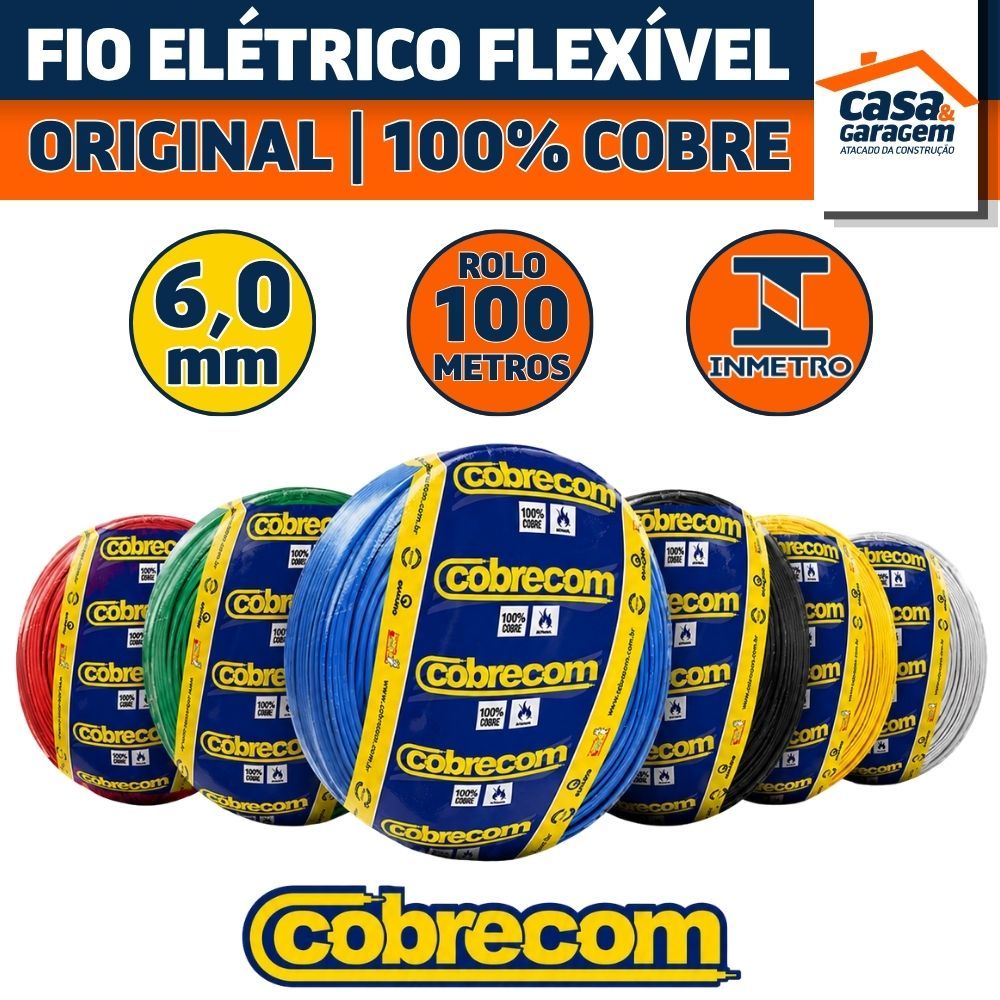 Fio Elétrico Flexível 6mm Cobrecom 100 Metros Cabo Flexível 6mm 100% Cobre Normatizado Inmetro