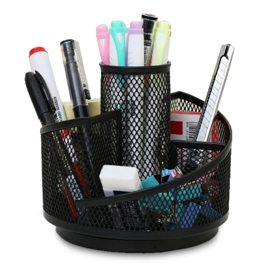 Porta Caneta Giratório Organizador De Mesa Em Metal Preto Multiuso Escritório Home Office Escolar Com Divisórias Base Gi