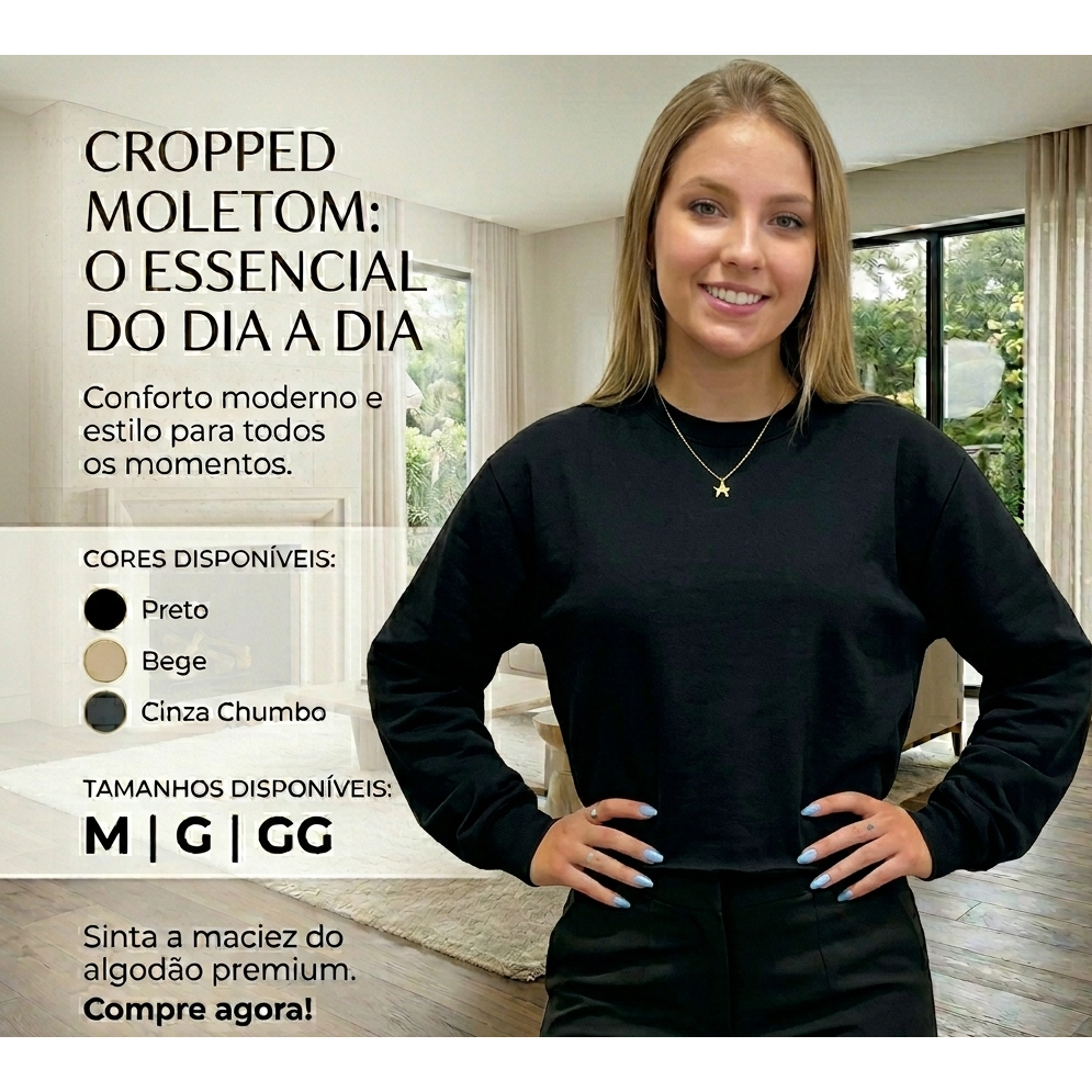 Blusa Moletom Cropped Moletom Basico dia a dia sem barra
