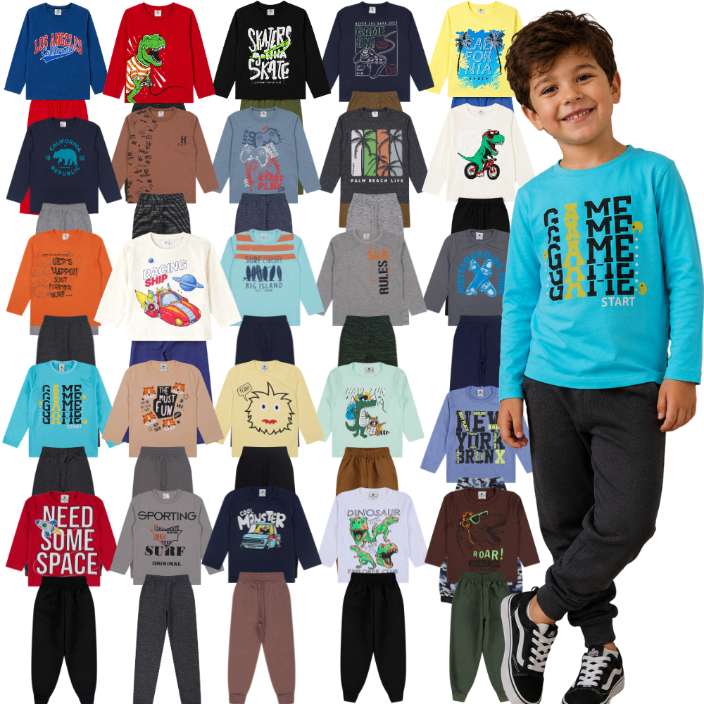 Conjunto Meia Estação Menino 6 Peças | Blusa + Calça de Moletom do 01 a 10 Anos | Kit Conjunto Inverno Menino Sortido