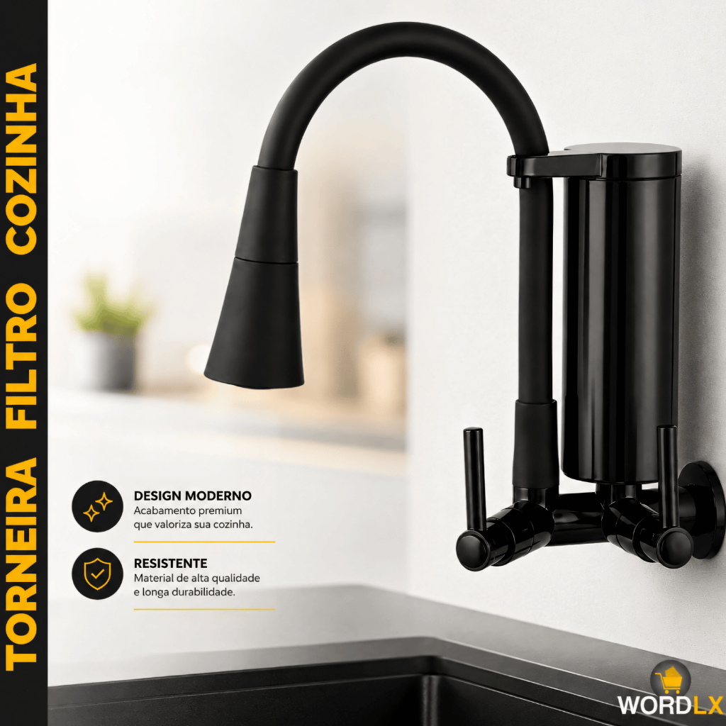 Torneira Gourmet Com Filtro Para Parede Pia Cozinha Cano Flexível 02 Modos Abs Preta