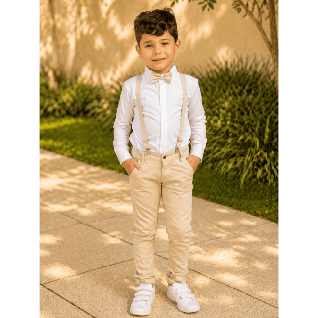 Conjunto Social Infantil Menino Bege Pajem Casamento Elegante Suspensório Gravata