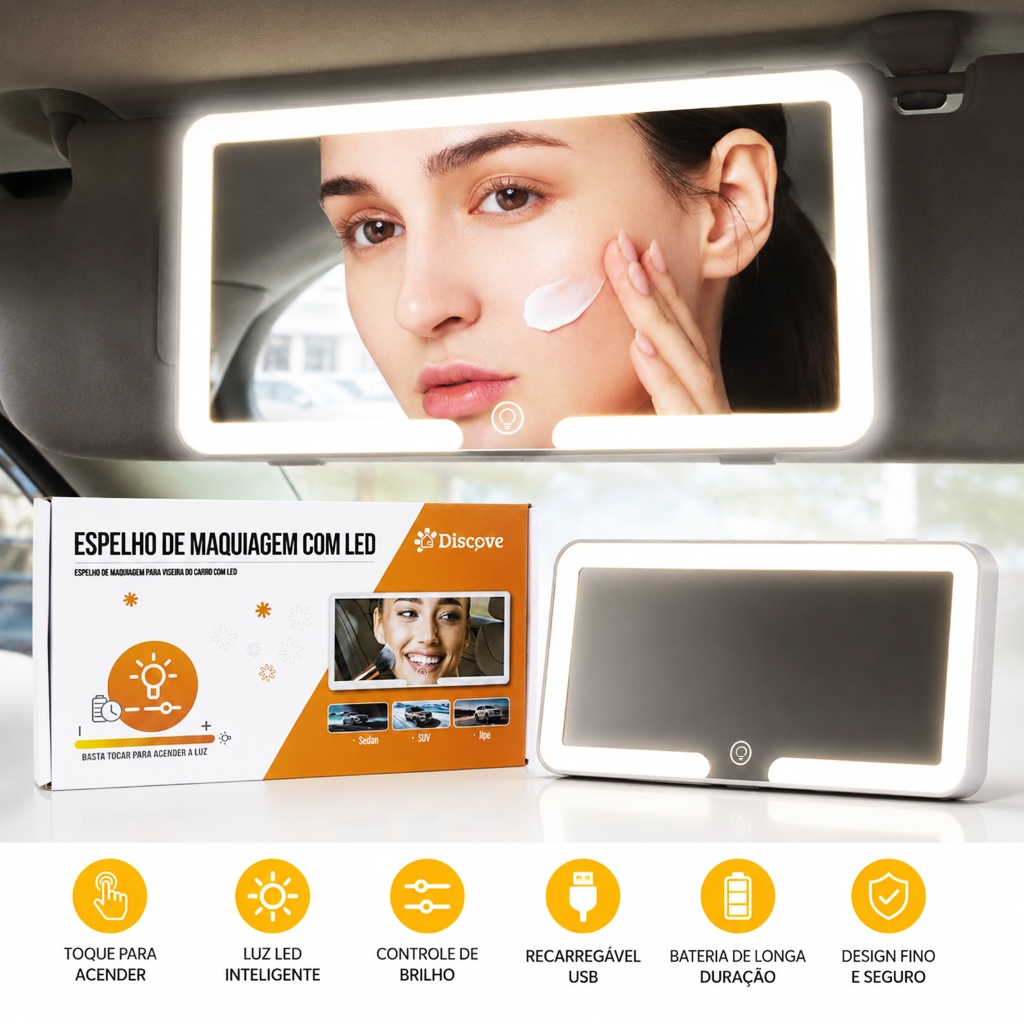 Espelho com led para carro para maquiagem recarregável retrovisor visor com luz 3 tonalidades