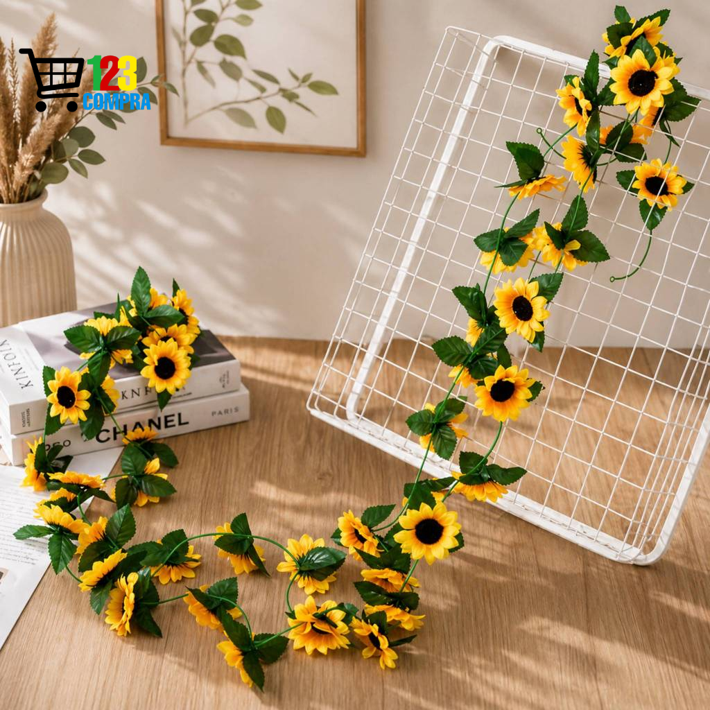Kit Decoração Girassol Artificial Premium – Cordão Florzinha 2,5m /Flor Girassol 25cm