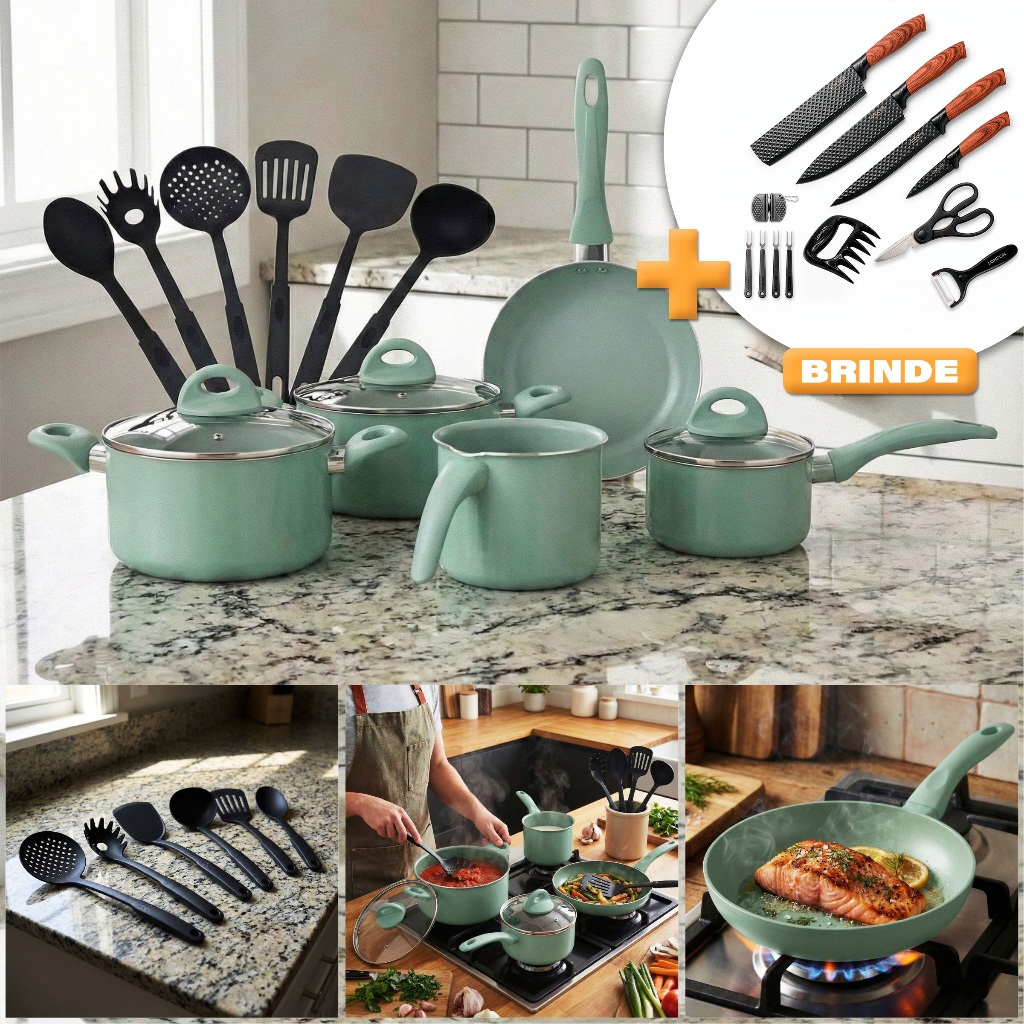 Conjunto De Panela 14 Peças Antiaderente + Conjunto De Facas 17 Peças Laminas Afiada