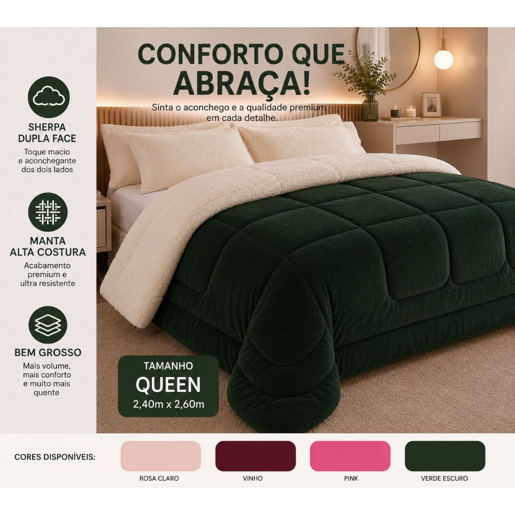 Coberdrom Queen Dupla Face Soft Sherpa Carneiro 2,30x2,50 Edredom Grosso Quentinho Macio Coberta Casal Queen Inverno Pre