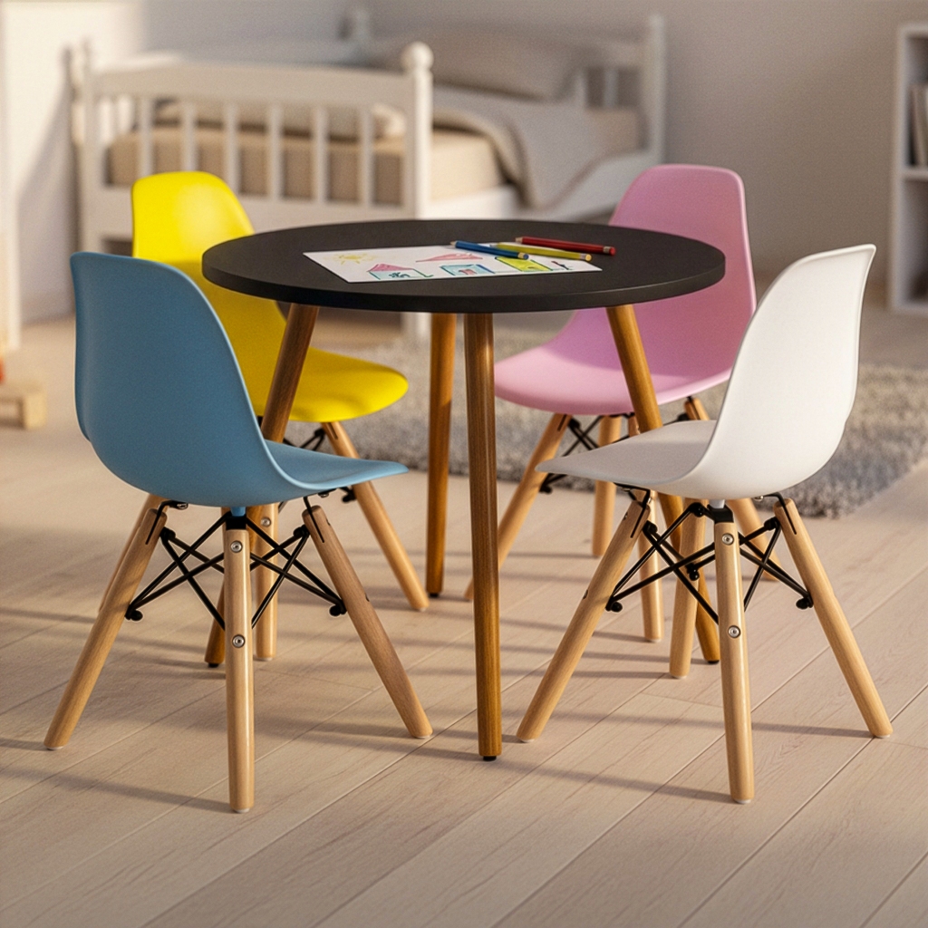 Conjunto Mesa MDF Redonda Infantil 60cm Preta + 4 Cadeiras Charles Eames Eiffel Kids