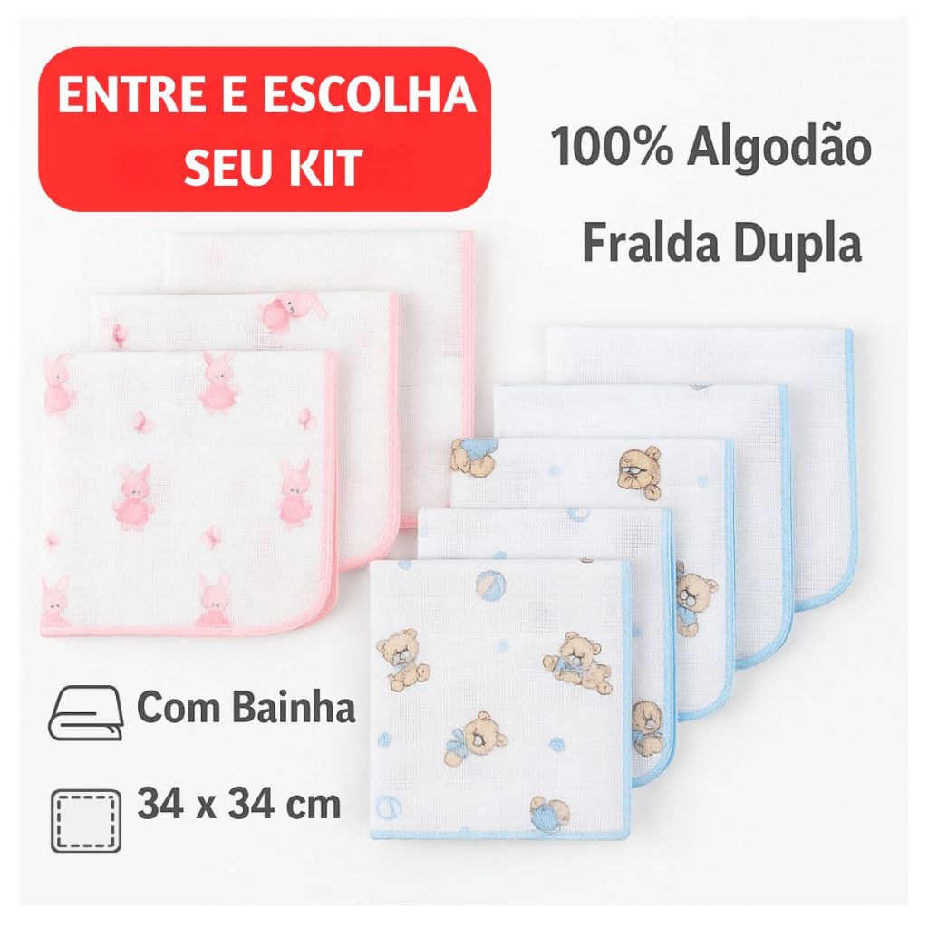 Kit Fraldinha de Boca para Bebê Fralda Paninho Babete 100% Algodão