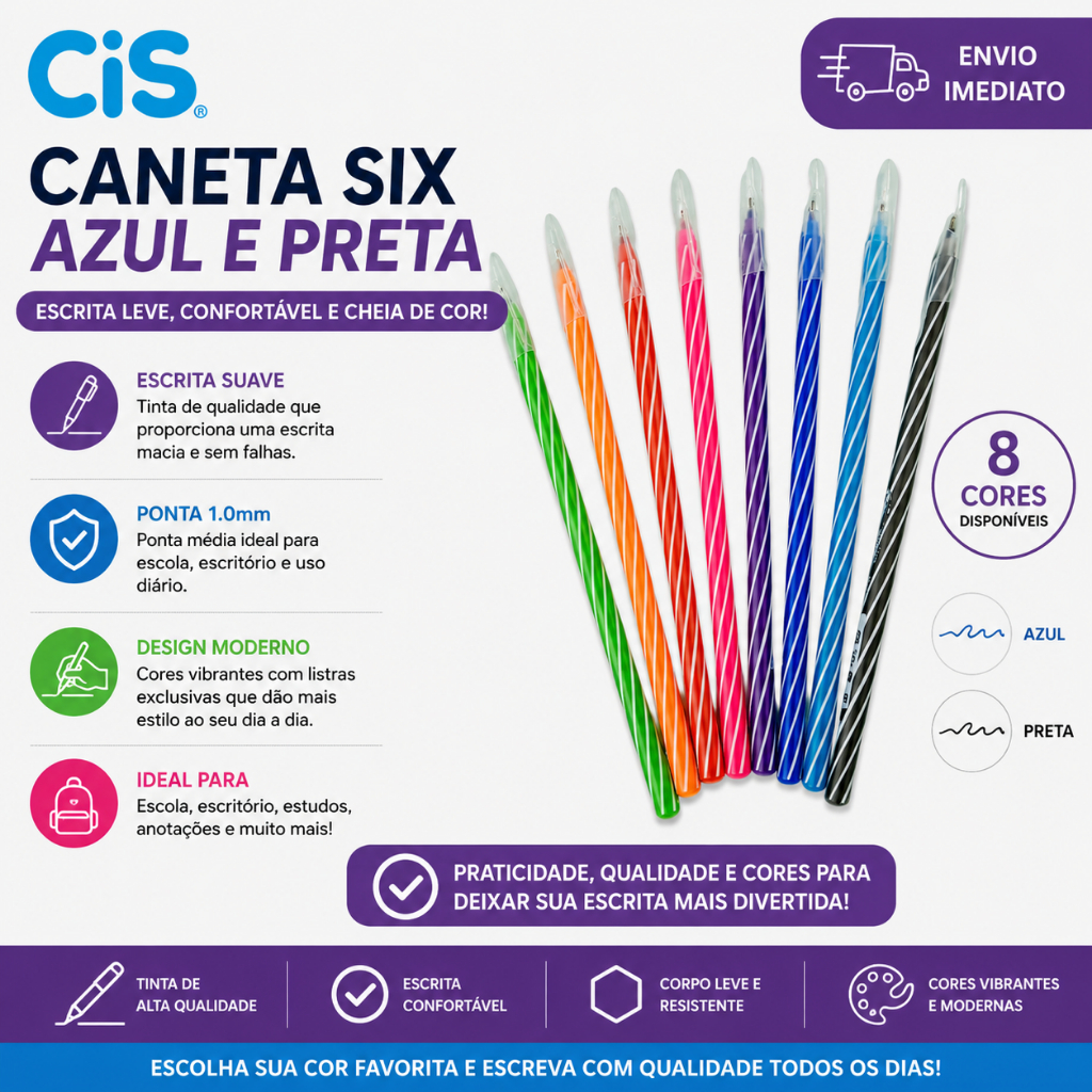 Kit Canetas Esferográficas CIS Spiro 1.0mm 8 Cores ou Unidade Escrita Macia Caneta Escolar Escritório Colorida