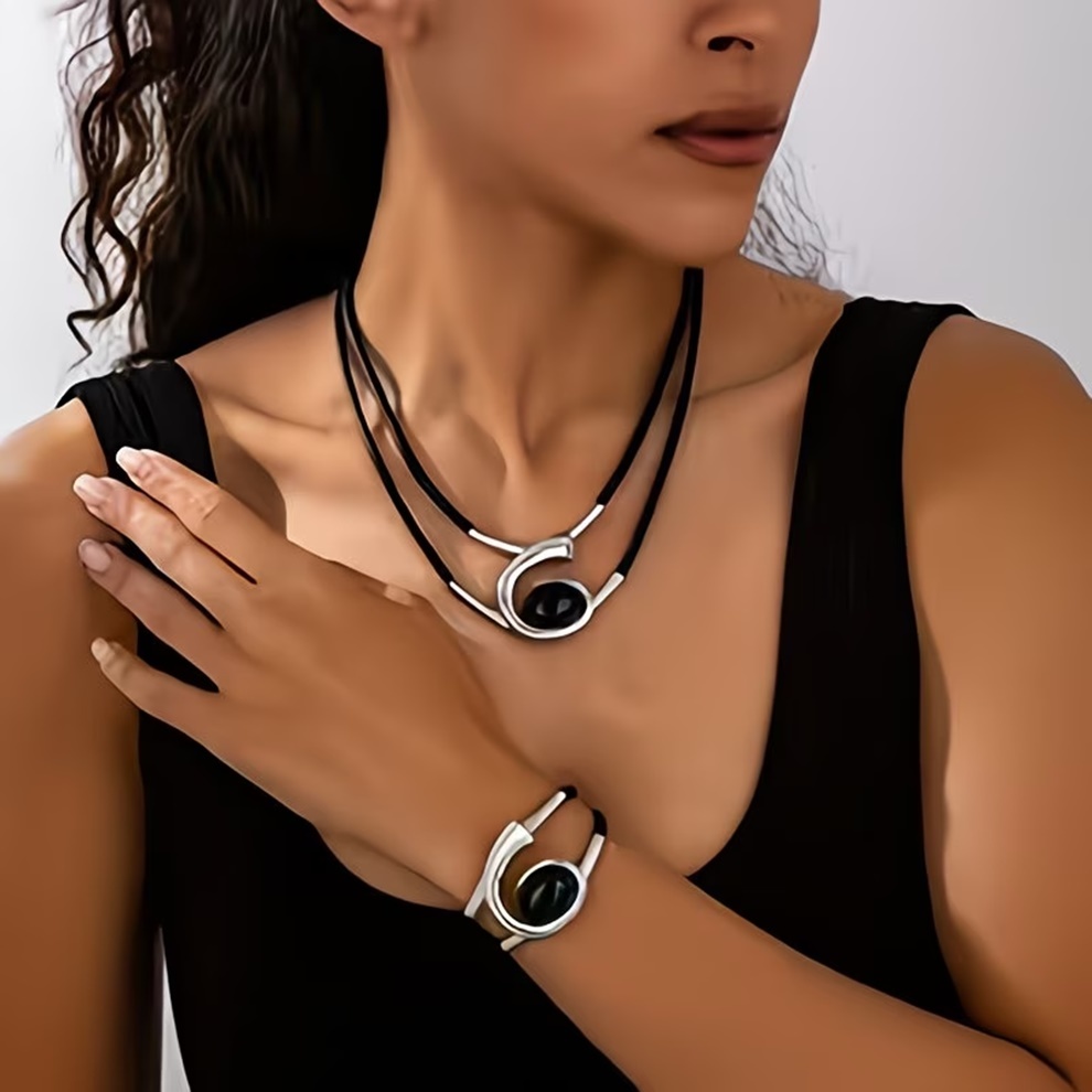 2 Peças/Conjunto Colar e Pulseira Feminina 45 cm Estilo Boêmio com Pingente Oval Design de Corda com Camada Dupla