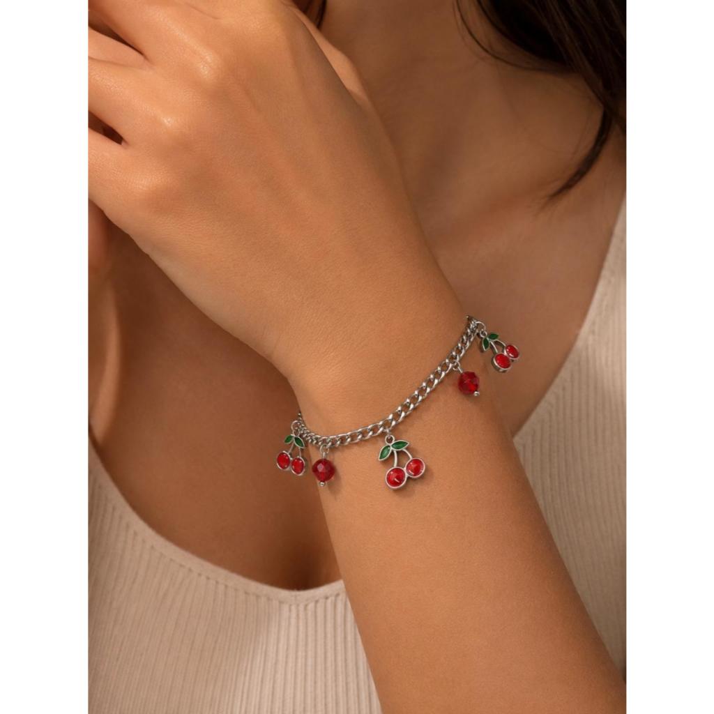 Pulseira Feminina Cereja Aço Inoxidável 316L Dourada e Prata Delicada Banhada a Ouro