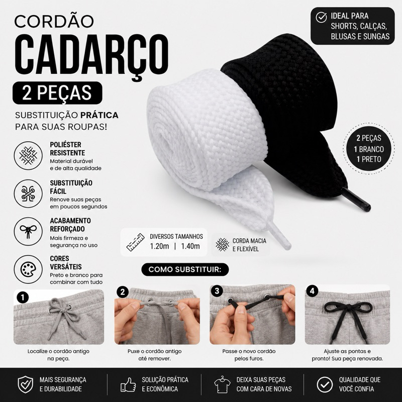 Cordão Cadarço Cordinha Poliéster Substituição 2 Peças Para Shorts Calças Blusa e Sung