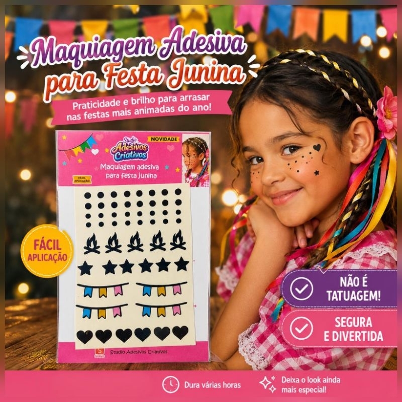 Maquiagem Festa Junina Adesiva, Não é Tatuagem, Fácil Aplicação, Infantil e Adulto (R)