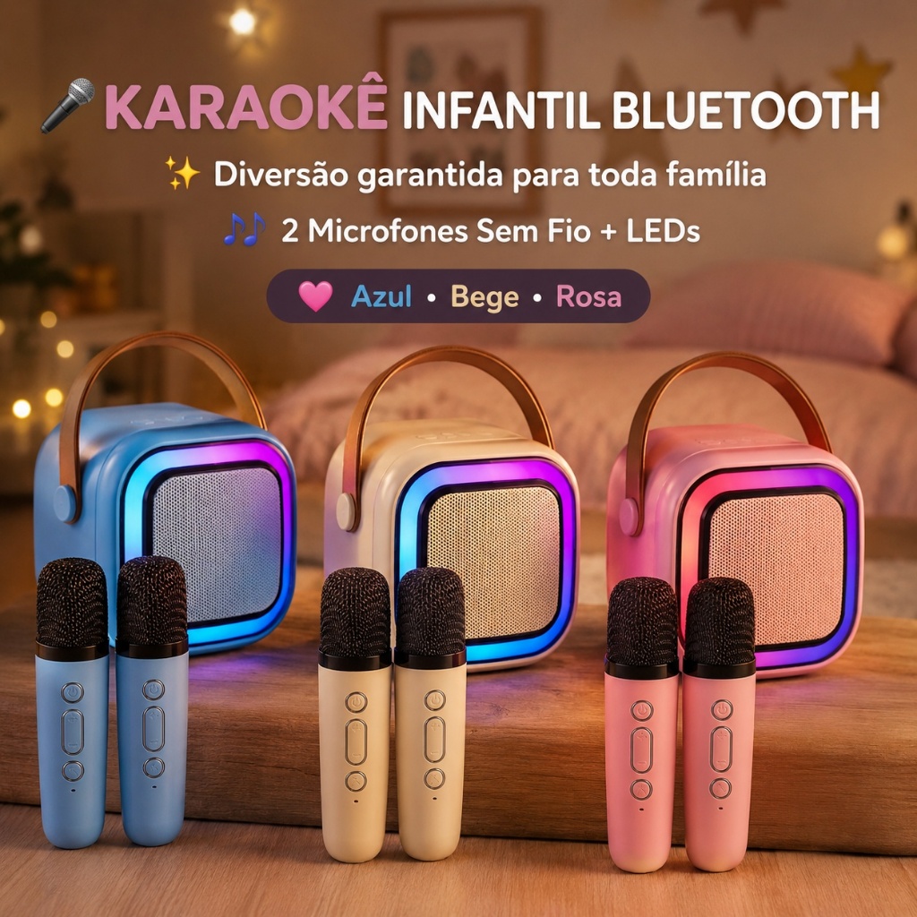 Caixa Som Duplo Karaokê Mini 2 Microfone Alto Falante Bluetooth Infantil Sem Fio Portátil