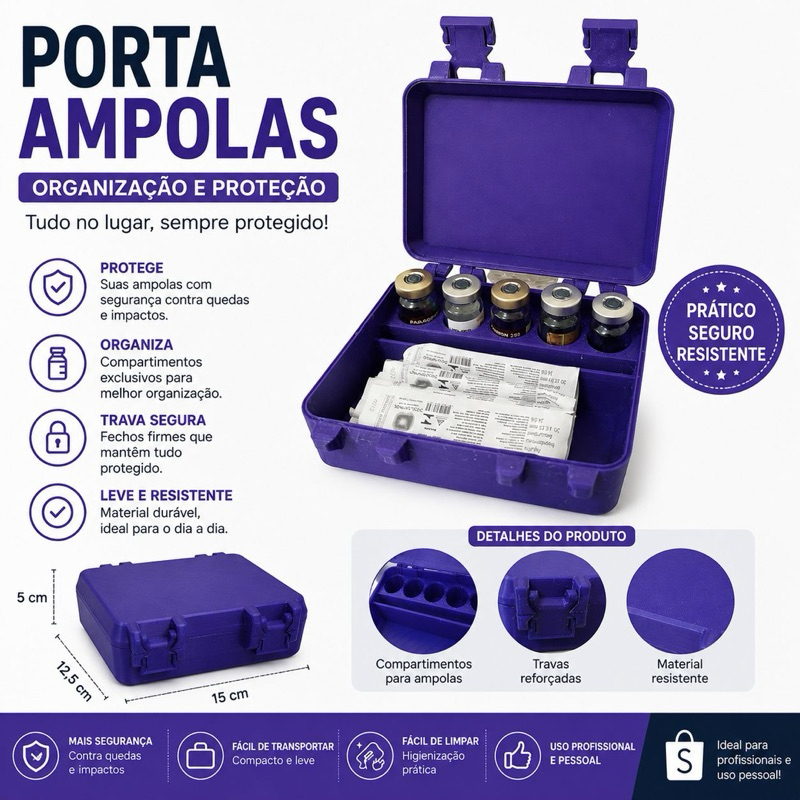 Porta ampolas - Caixa organizadora - 5 ampolas de 10ML e seringas