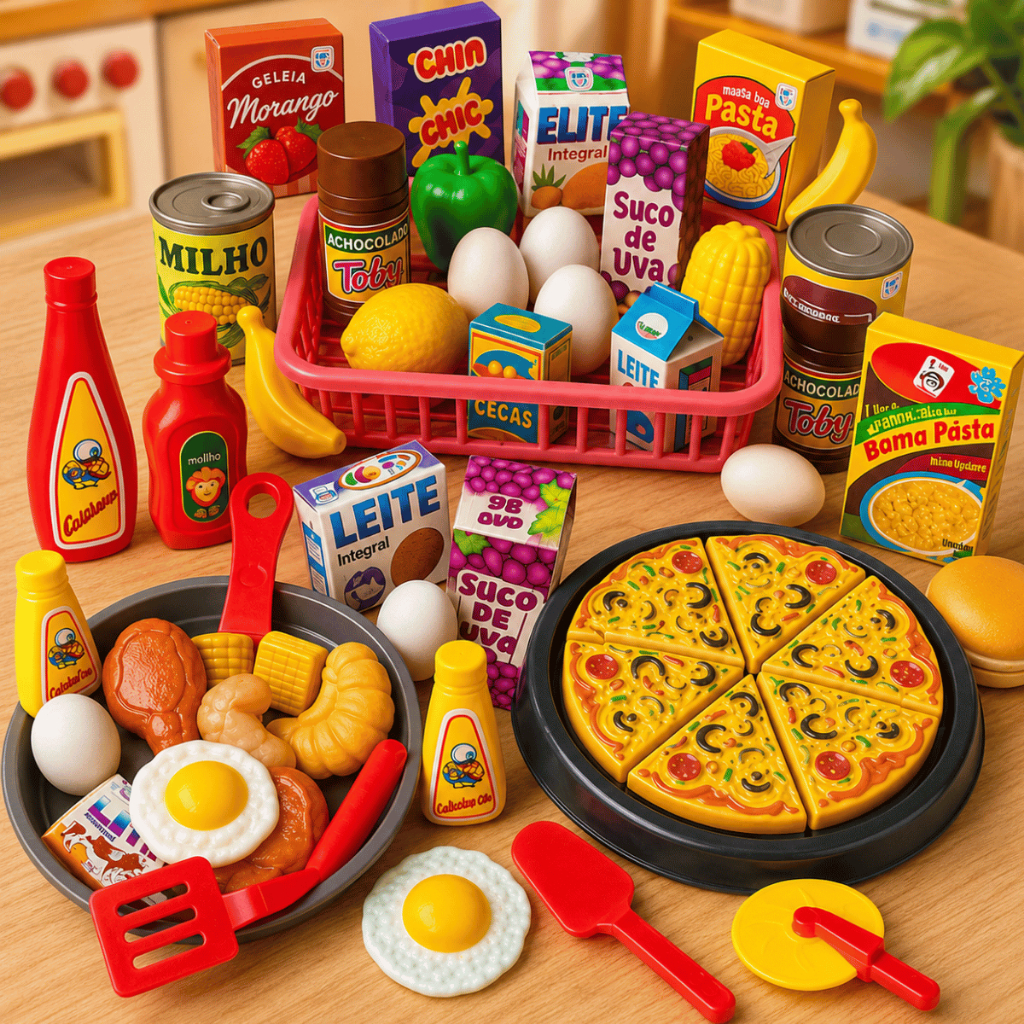 Kit Mercadinho Infantil Cozinha Comidinhas Pizza Frigideira Brinquedo Menina Frutas 40 Peças