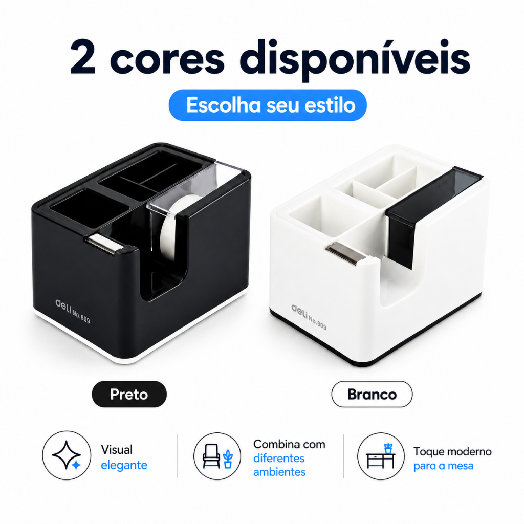 Deli Porta Fita de Mesa com Compartimentos Organizadores Preto e Branco