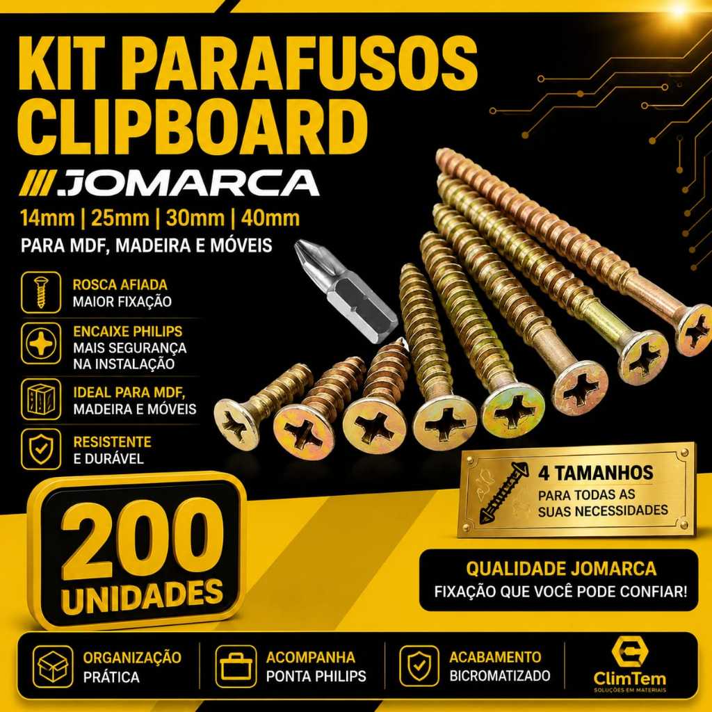 Kit Parafusos Chipboard Jomarca 200 Unidades Philips 14mm 25mm 30mm 40mm para MDF Madeira e Móveis