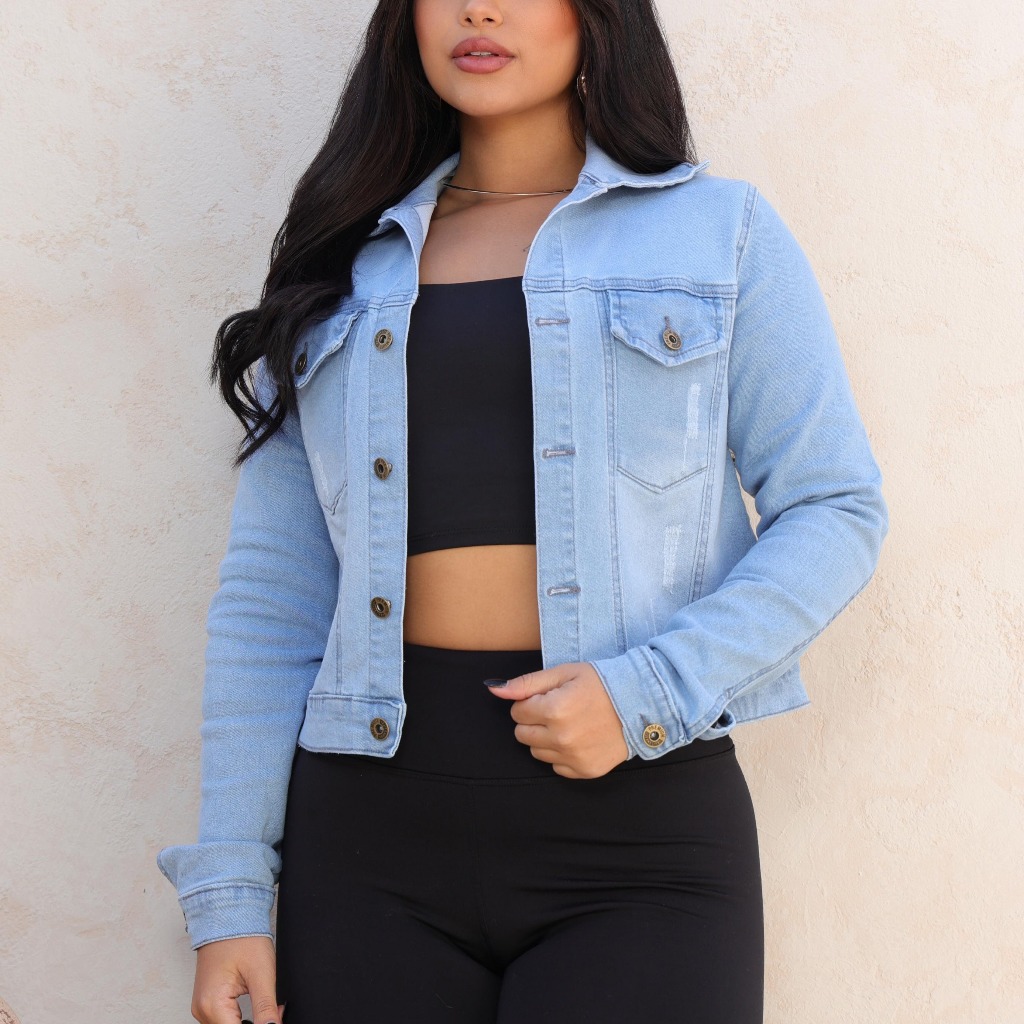 Jaqueta Jeans Feminina Azul Claro com Elastano