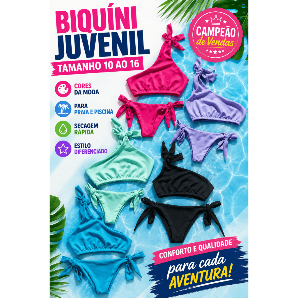 Biquíni Juvenil Menina Moda Praia Tam 10 ao 16 Praia Piscina Secagem Rápida