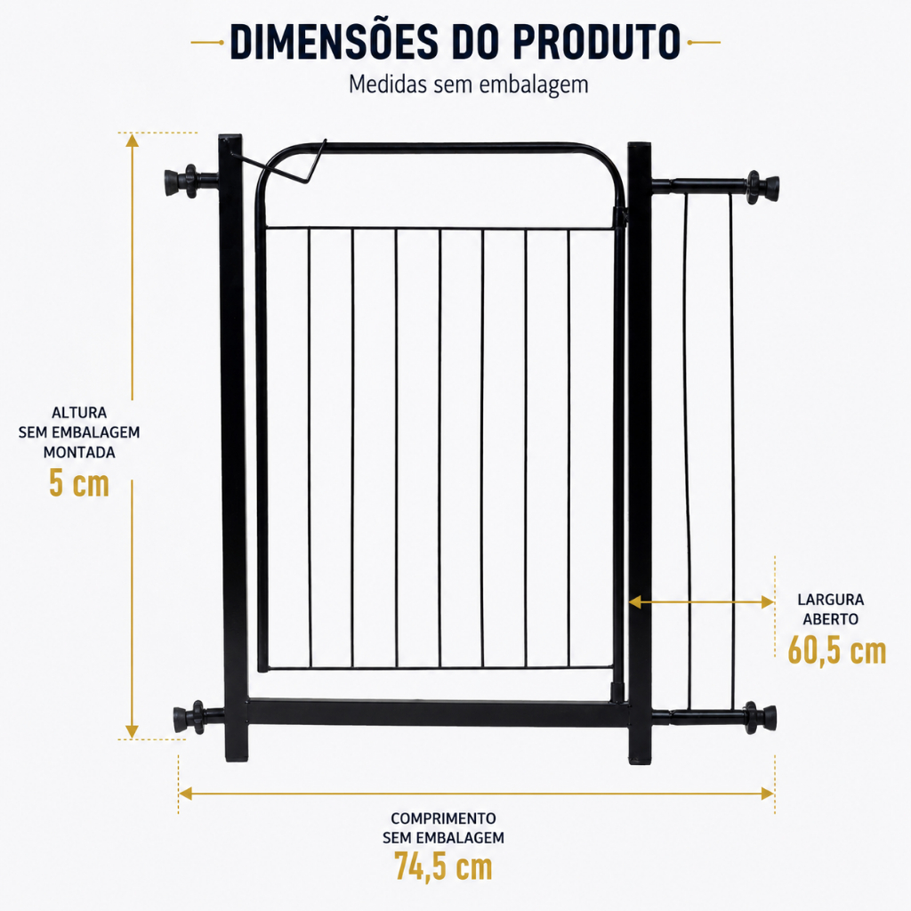 Portão Pet Reforçado para Cães Grade de Segurança para Portas e Escadas em Aço Branco e Preto Largura 60.5cm aberto