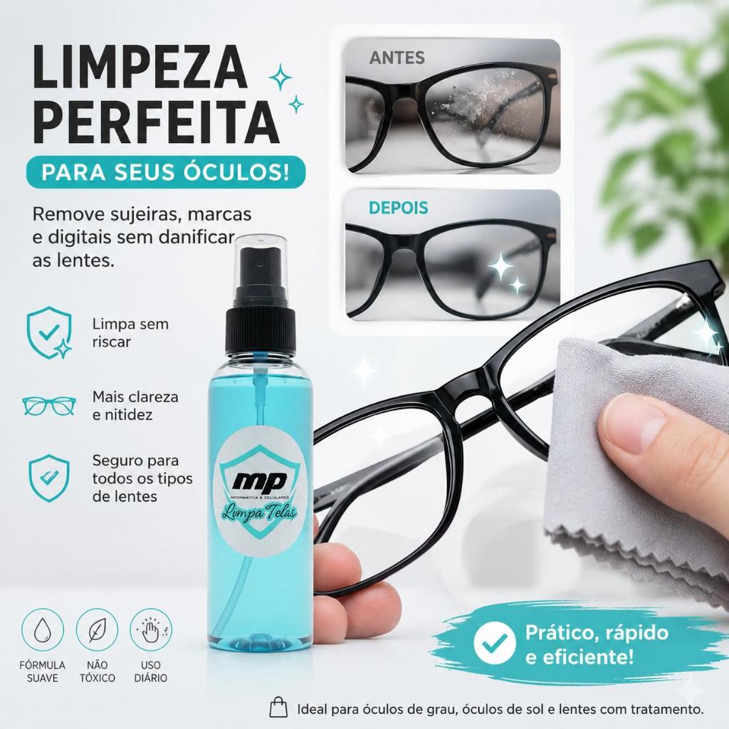 Limpador de telas Dispositivos, Óculos MP 60ml Ideal para limpar Notebooks, Tvs, Vidros de Celulares< Espelhos e Carros