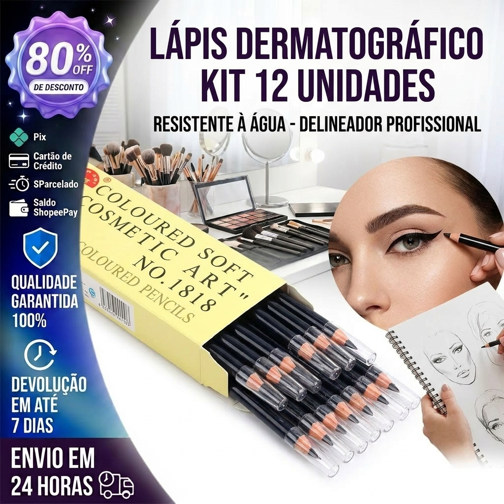 Lápis Dermatográfico Kit 12 Unidades Resistente à Água Delineador Profissional
