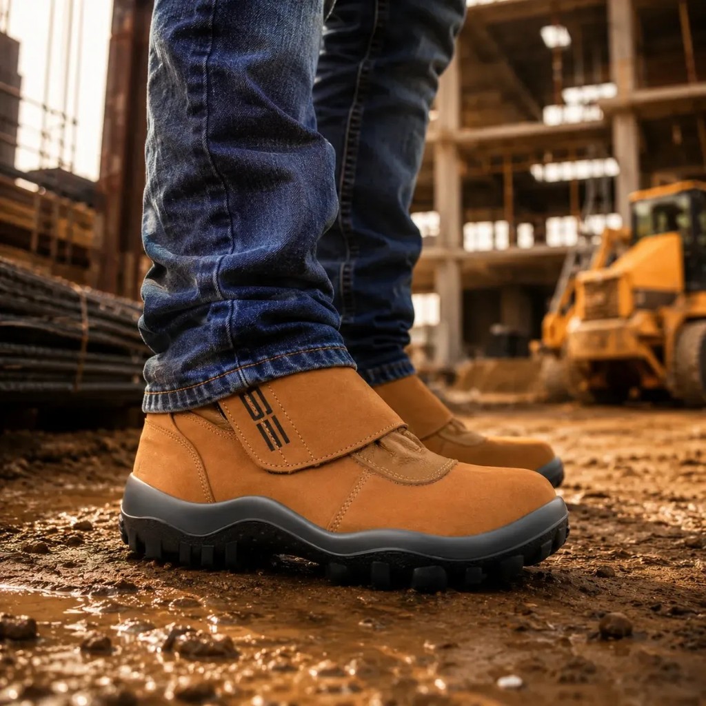 Bota Botina Miura Caramelo Com Fecho De Velcro  Bico De PVC