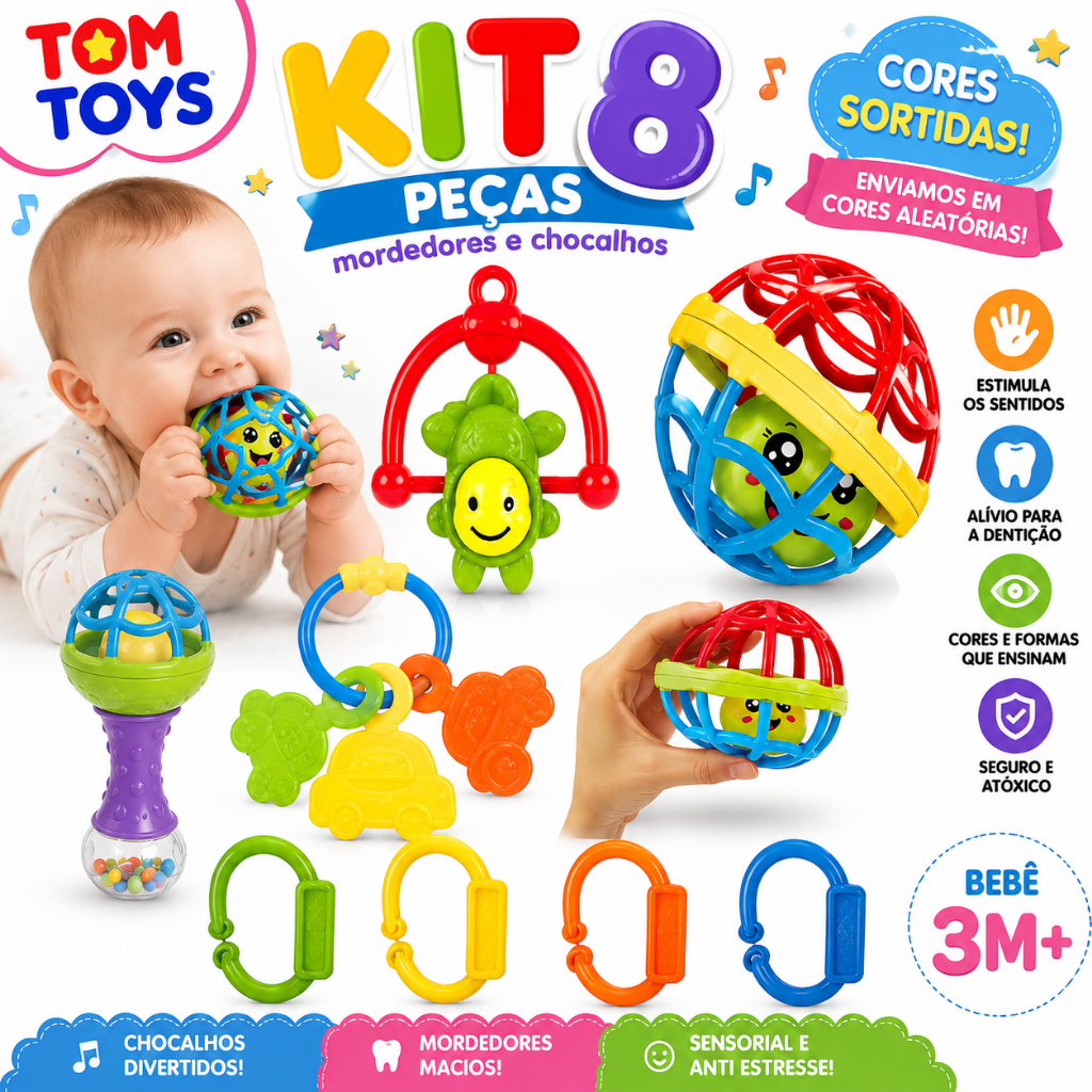 Kit Mordedor para Bebê brinquedo Sensorial Silicone com Chocalho 2/4/8 Peças Coloridas