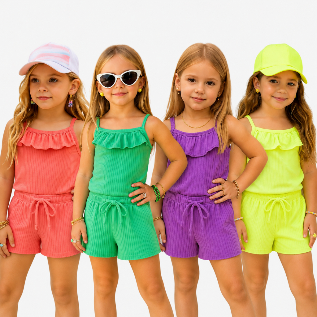 Conjunto Infantil Menina do Tamanho 1 ao 10 anos em Ribana Canelado | Conjunto Menina Regata com babado