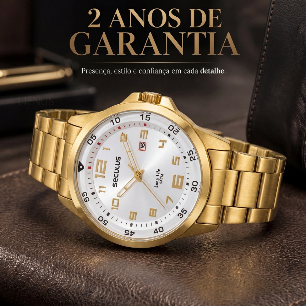 Relogio Seculus Masculino De Pulso Esportivo Casual Fundo Branco Prova Dágua 50m Dourado Em Aço Inixidável Original