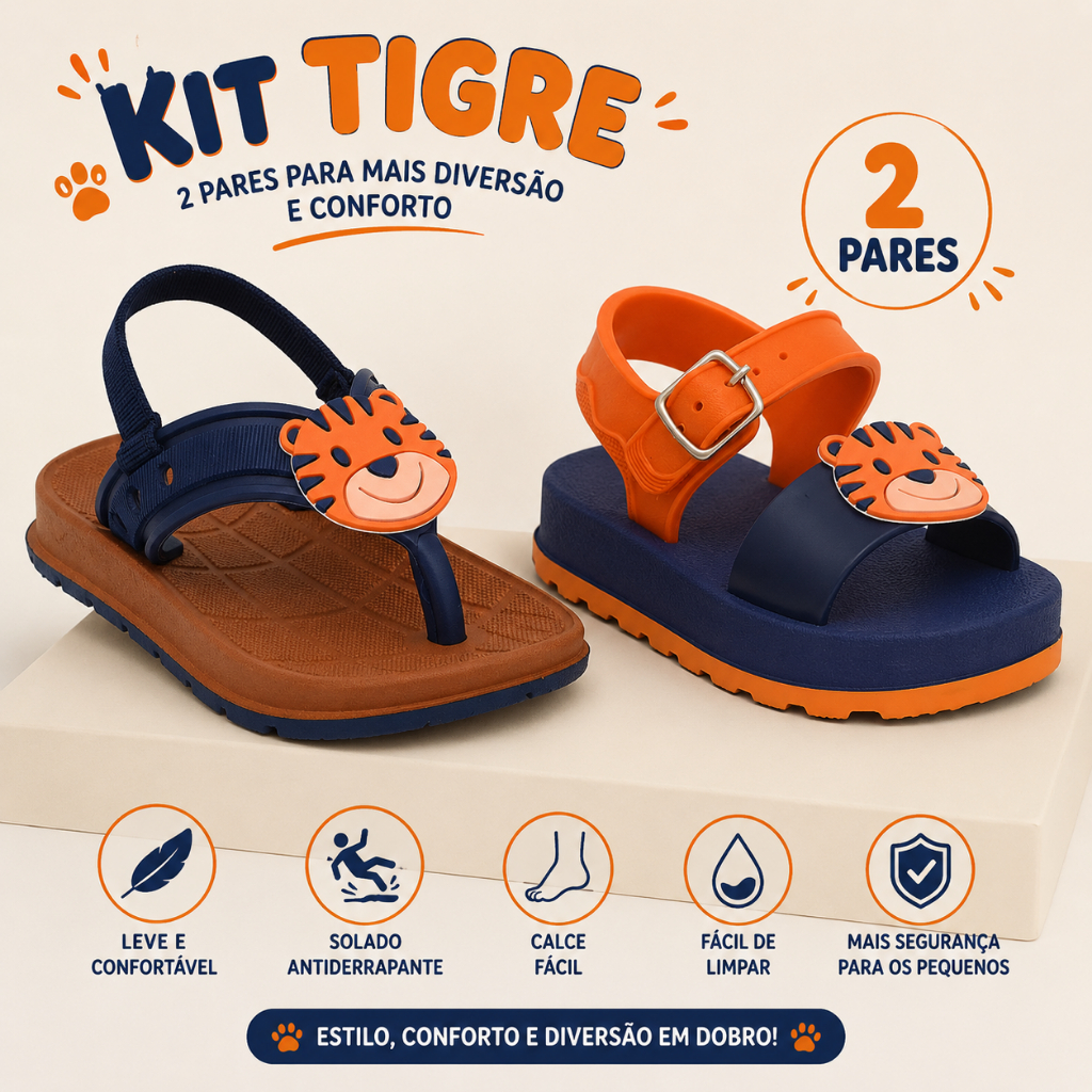 Kit 2 Pares Chinelo Sandália Infantil Masculino Confortável Leve Tigre Safari Animal Fivela Elástico Barato Envio Rápido